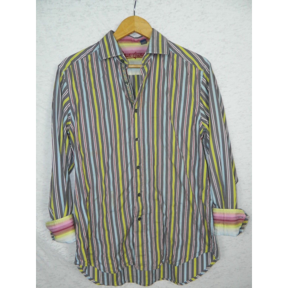 ROBERT GRAHAM Shirt Men’s‎ Size Medium Gray Blue Pink Green Stripes Long Sleeve